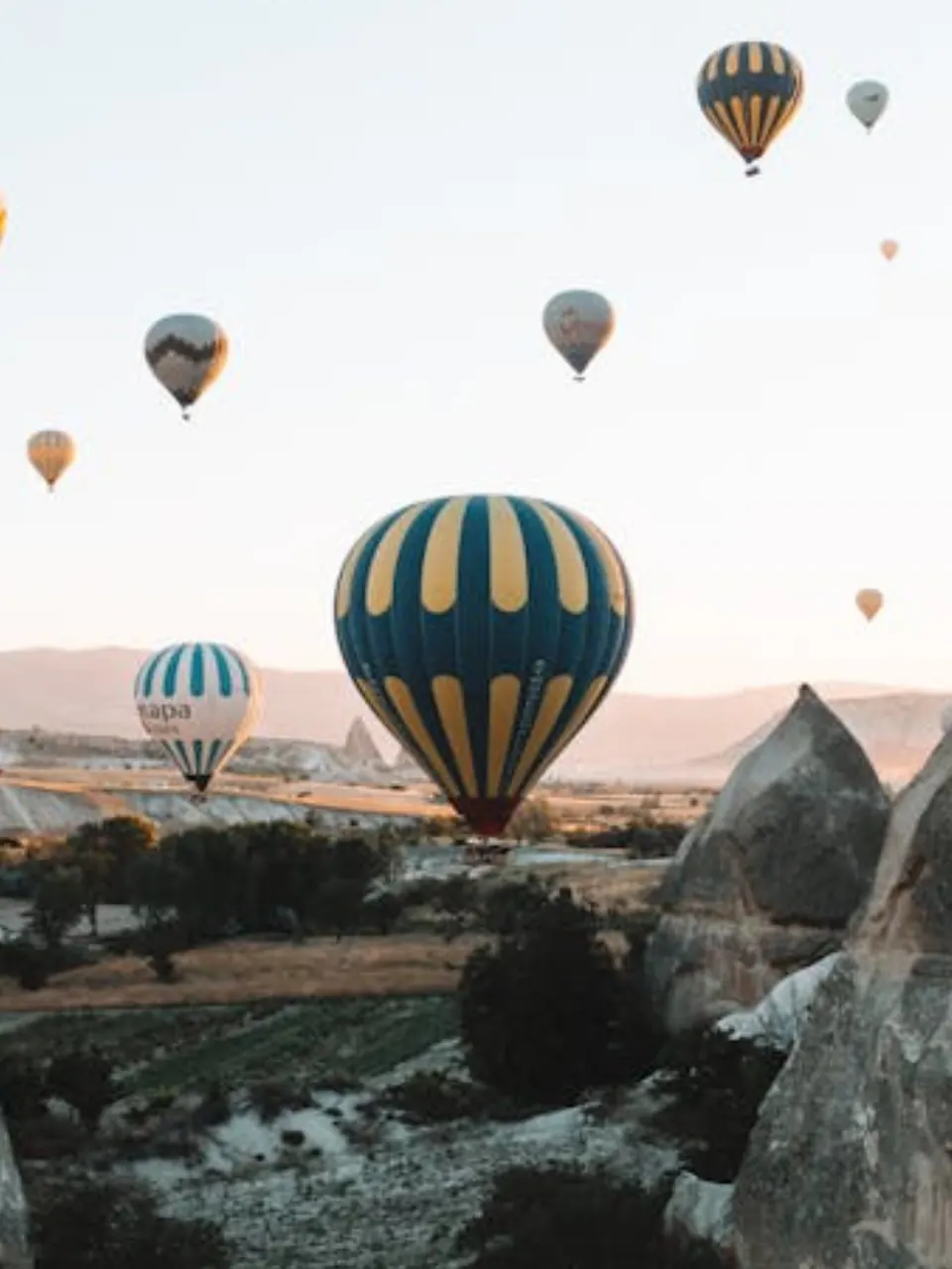 A dozen hot-air balloons in a pale dawn sky over the fairy chimneys of Cappadocia, one low over the valley